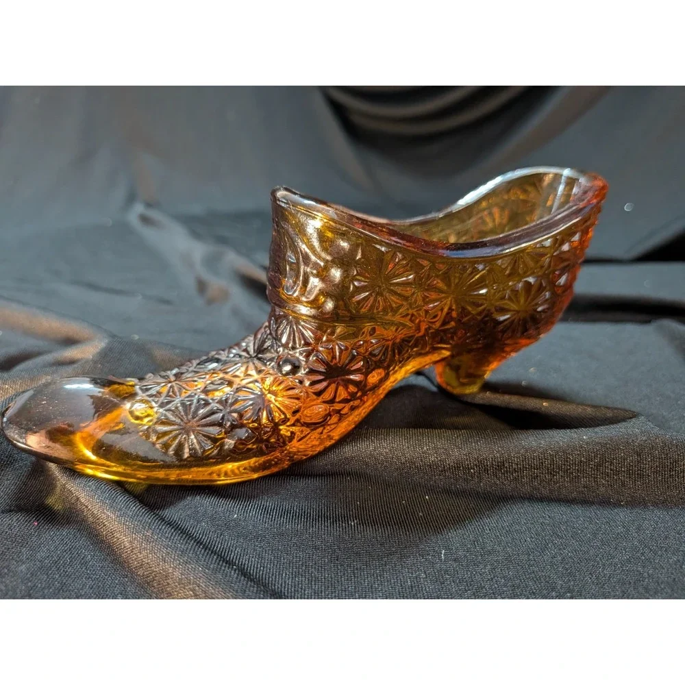Vintage Amber Pressed Glass Shoe Starburst Pattern L.E. Smith Style –Collectible